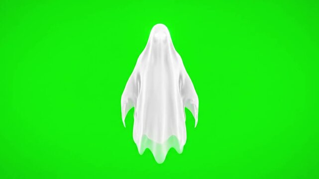 Floating white ghost. Spooky spirit on a green screen background