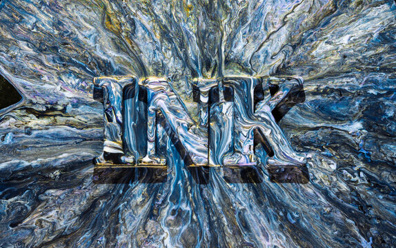 Metallic letters NIK melting into swirling blue silver marbled surface with dramatic radial flow