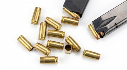 Obraz premium empty brass bullet casings scattered near loaded black pistol magazine on white background. firearms ammunition, military concept, crime scene investigation. copyspace, banner, website header.