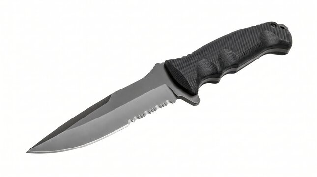 tactical combat knife with black textured handle and serrated steel blade isolated on white background. military survival gear, dangerous weapon concept. copyspace, banner, website header.