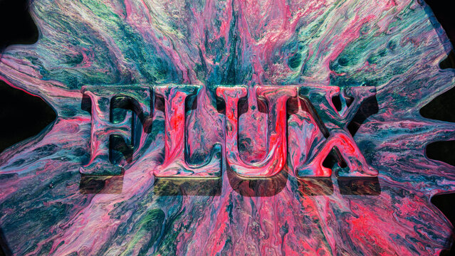 Fluid paint letters sinking into colorful marbled surface with radiant splash and glossy texture