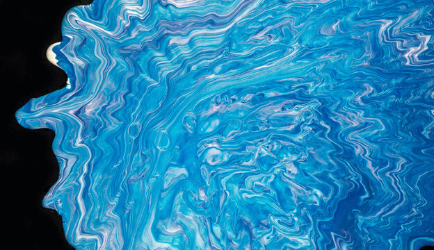 Abstract blue marbled swirl with fluid waves, glossy wet texture, high contrast dark edge