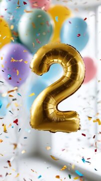 Shiny golden number two balloon surrounded by colorful balloons and festive confetti celebrating a joyful party or special event indoors