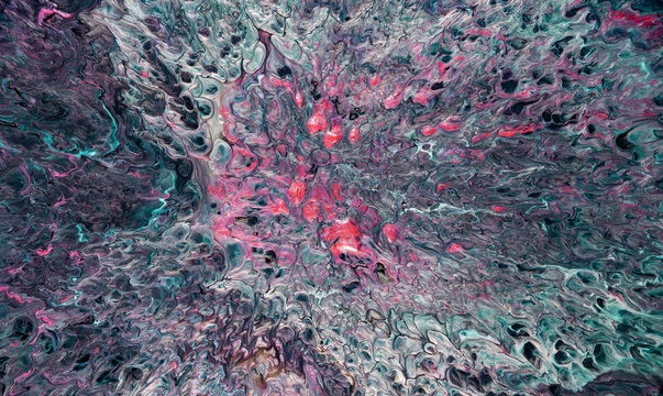 Abstract fluid paint pour with teal pink charcoal marbled swirls and cellular textures