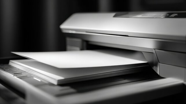 Modern digital scanner processing a stack of white blank papers in a dimly lit office environment with focus on sleek technology and productivity