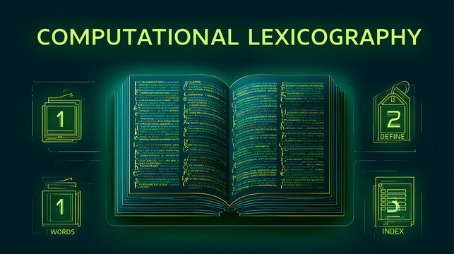 Computational Lexicography - futuristic neon infographic visualizing digital systems, automation, data flow and future technology innovation
