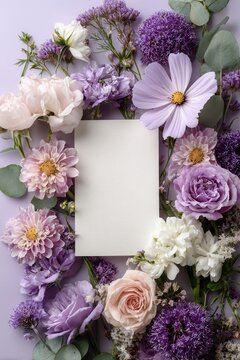 Top down composition of blank rectangular paper centered inside purple and pink floral wreath with cosmos, allium, roses, carnations, and greenery on soft lavender background