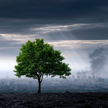 A solitary green tree stands resilient against a dark polluted industrial cityscape under heavy clouds and sun rays breaking through the overcast sky