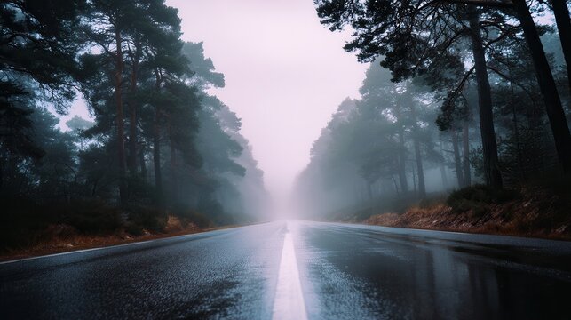 Empty wet two-lane road vanishing into morning mist through dense evergreen forest with reflective surface, guardrails, cool overcast light, deep perspective, quiet rural scenery