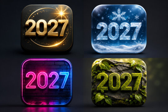 Four glossy app icons featuring the year 2027 in different styles. One shines gold with a star, another glows blue with snowflakes, a third emits neon pink light