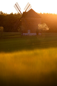 View of the historic brick windmill in Chvalkovice surrounded by lush green fields and trees under the warm glow of sunset in Chvalkovice, Hradec Kralove Region, Czechia.