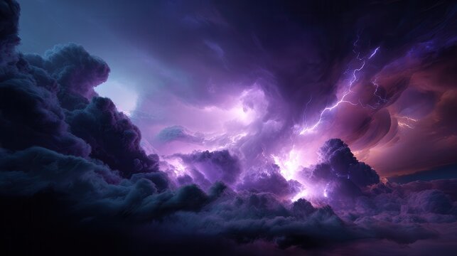 Dark storm clouds lit by vivid purple lightning with dramatic atmospheric depth, turbulent texture, smoky layers, glowing contrast and cinematic moody sky, with storm, cloud, lightning, purple detail