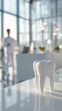 White ceramic tooth model placed on a reflective surface in a bright modern dental clinic with a blurred figure of a dentist and large windows in the background