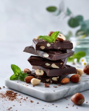 Stacked dark chocolate squares with whole and chopped hazelnuts on ceramic plate, topped with mint sprig and sea salt flakes in soft natural light, with chocolate, hazelnut, mint, dessert detail
