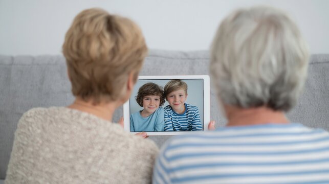 Senior woman video calling smiling grandchildren on tablet while seated on couch in bright living room, warm family connection, relaxed home setting, soft daylight