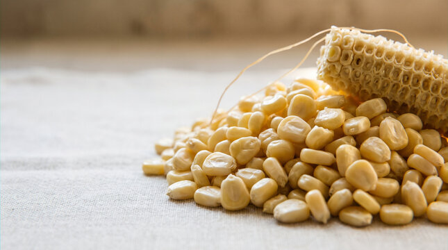 Freshly shucked corn kernels piled next to stripped corn cob  