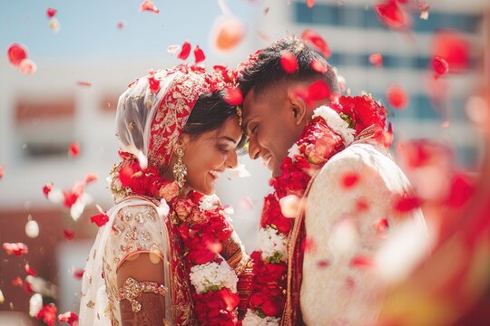 Indian bridal couple embracing amid cascading rose petals during traditional wedding ceremony in outdoor setting with ceremonial garlands, ornate attire, joyful expressions, warm festive color