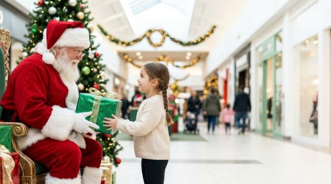 Santa Claus gives a gift to a young girl in a festive shopping mall, capturing a heartwarming holiday moment.