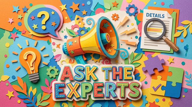 Colorful papercraft flat lay with megaphone lightbulb and "ASK THE EXPERTS" "DETAILS" text