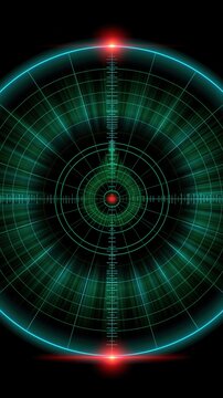Glowing green circular radar display above reflective dark surface with aircraft blip, concentric rings, grid lines, target echoes, and futuristic tactical interface