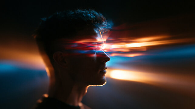 Man Profile with Futuristic Light Beams Streaming from Eyes