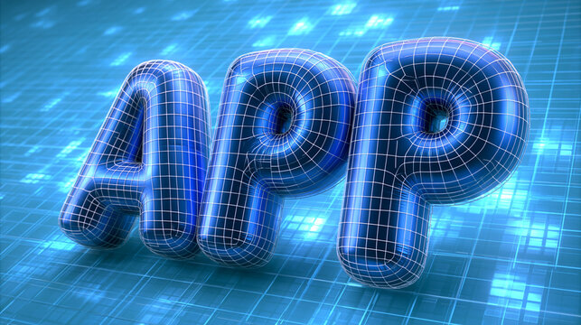 3D APP Text with Wireframe Mesh on Digital Tech Background