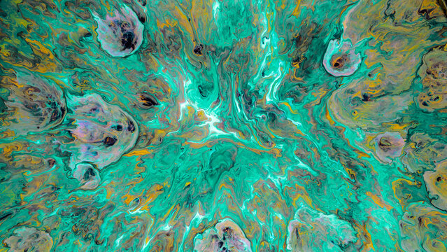 Abstract turquoise and gold fluid marbling with organic cell-like formations and flowing veins
