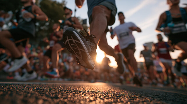 Marathon Runners Racing on City Street at Sunset