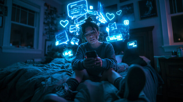 Teenager Overwhelmed by Social Media Notifications on Smartphone at Night