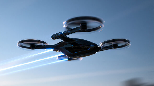 Futuristic eVTOL Drone Flying Car Speeding Through Sky