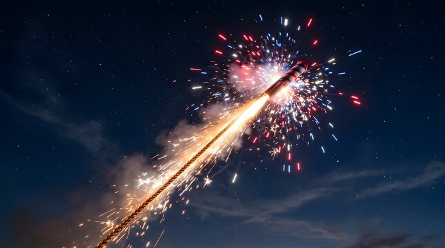 Lit firework rocket launching into night sky. Bright pyrotechnic display with sparks and smoke.