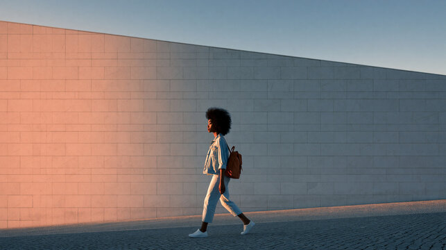 Young Woman Walking Along Modern Wall During Golden Hour