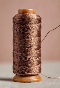 Brown sewing thread spool on a wooden base, textile craft and hobby supplies, close up view
