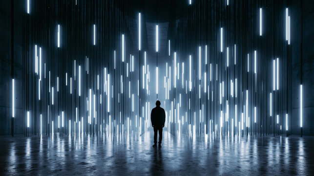 Silhouette Standing in Futuristic Digital Light Room
