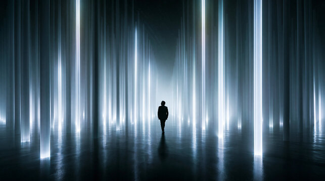 Silhouette of Businessman in Futuristic Light Pillar Grid