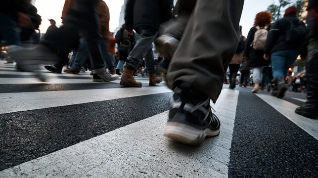 Pedestrians Walking Across Busy City Street Crosswalk Low Angle