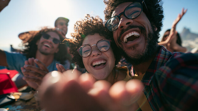 Happy Friends Taking Selfie and Cheering Outdoors