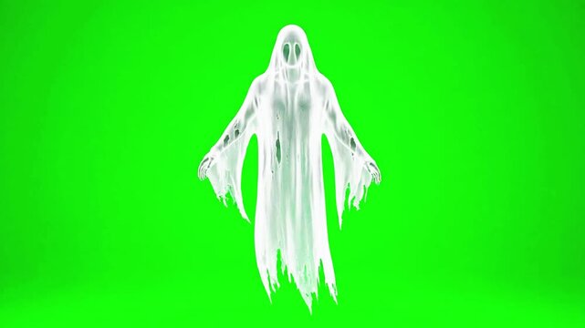 Floating ghost animation. Spooky spirit on a green screen background