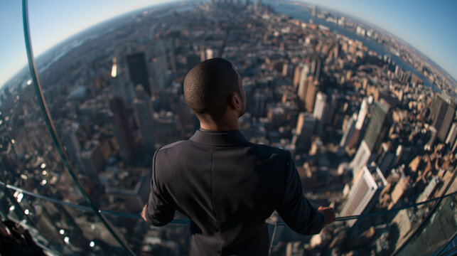Businessman Looking at City Skyline from High Altitude
