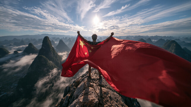 Hiker Holding Chinese Flag on Mountain Peak in Guilin