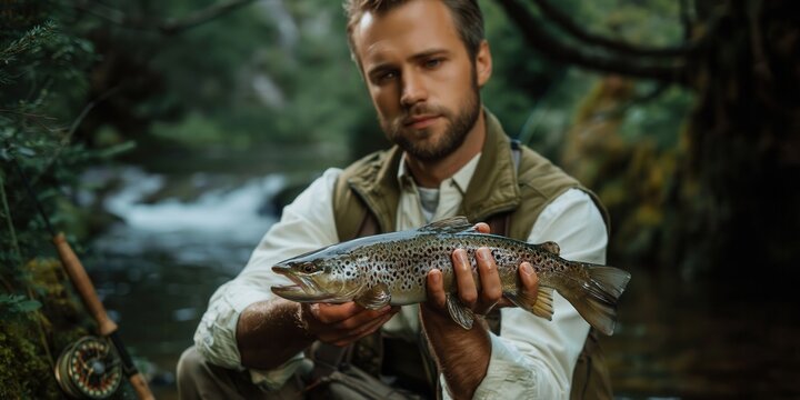 Adult man proudly holds large brown trout above calm river while fly fishing, with rod visible and focused hands showing outdoor catch and release moment, with man, adult, male, angler detail