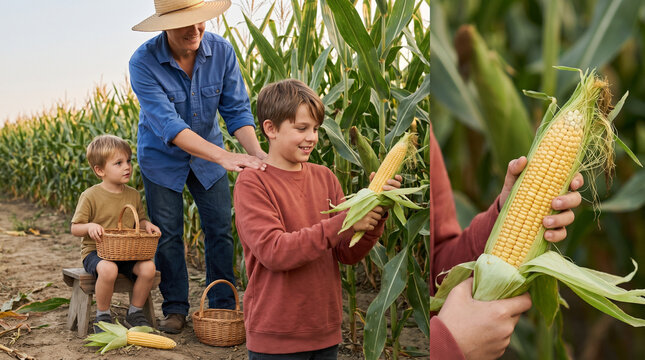 Family harvesting corn together in a field during autumn  