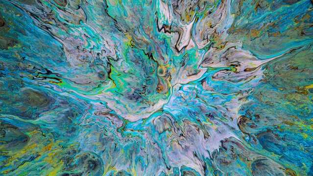 Abstract marbled fluid art with turquoise green blue and purple flowing organic patterns