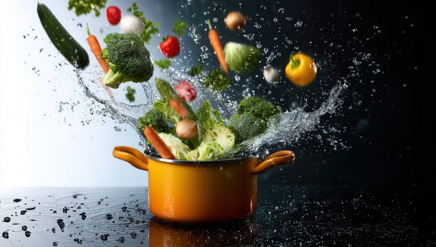 Fresh vegetables falling into cooking pot with splashing water, colorful ingredients, dark studio background and dramatic motion for healthy meal preparation concept