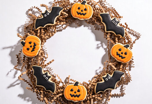 Halloween wreath, pumpkin decor, bat decoration, autumn ornament, spooky arrangement, seasonal crafts, holiday concept, festive wreath, fall decoration, party decor, paper shred wreath, scary ornament