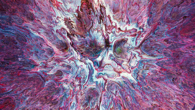 Abstract marbled paint swirl with vivid magenta, cyan, purple and white flowing organic textures