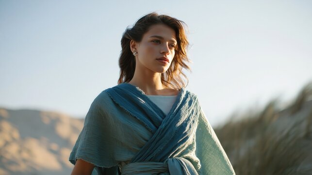 Young woman standing in windswept coastal dune wearing lightweight blue wrap dress, hair moving in ocean breeze, gazing toward camera with calm confident expression