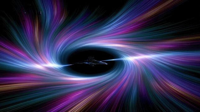 Small spacecraft entering luminous multicolored wormhole vortex with swirling light trails, radiant bands, deep central darkness, cosmic motion, dramatic contrast, futuristic travel scene