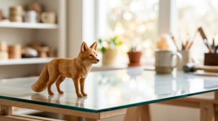 Naklejka premium Hand-carved wooden fox figurine on a glass desk, ideal for product photography with copy space and soft bokeh
