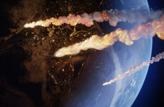 Asteroid, comet, meteorite and earth, 3d animation